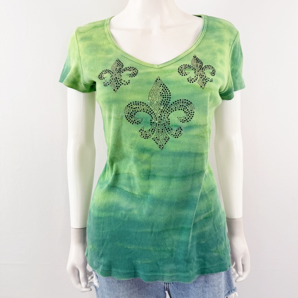 Vintage Y2K Sledge USA Green Tie Dye T-Shirt Size L Rhinestones Fleur de Lis